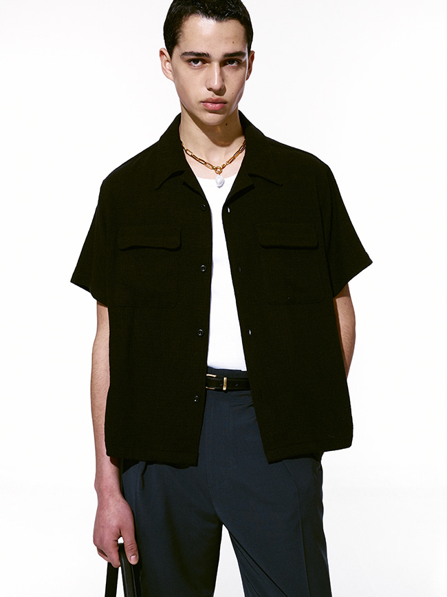 토니웩_  Linen Rayon Tweed Shirt [Black]