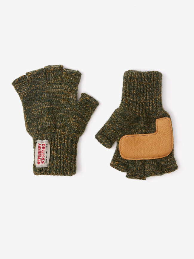 뉴베리니팅_ Deer Leather Fingerless Gloves [Olive x Tan]