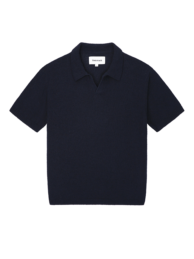 토니웩_ Soft Textured Boucle Open-collar Knit [Navy Blue]