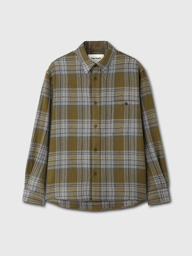 토니웩_ Light Wool Single Pocket Check Shirt [Olive]