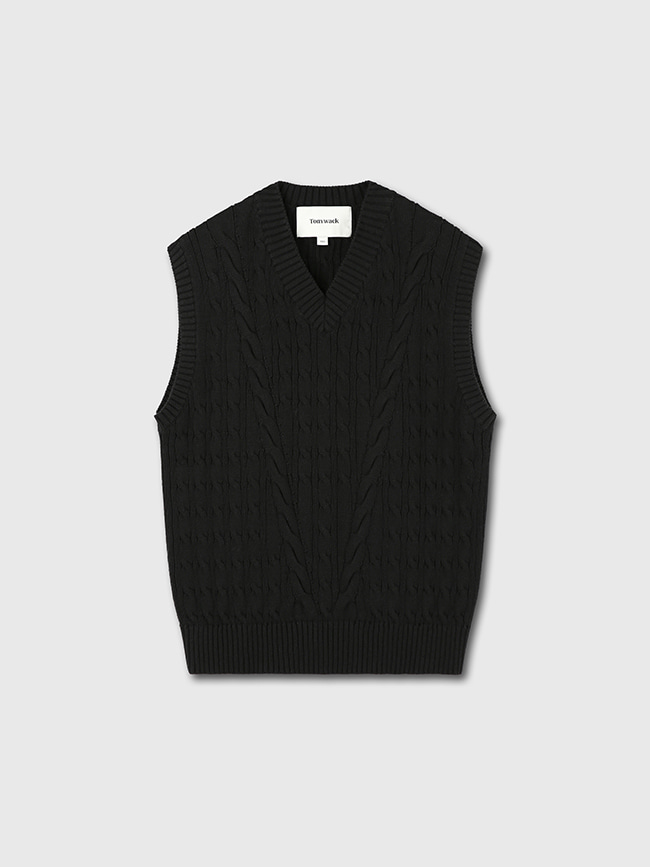 토니웩_ Cotton Twist V-Cable knit Vest [Black]