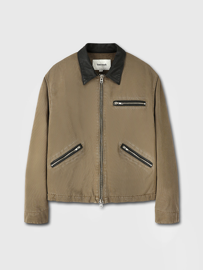토니웩_ Leather Collar Fade-effect Work Jacket (Stone Washed) [Faded Olive Beige]