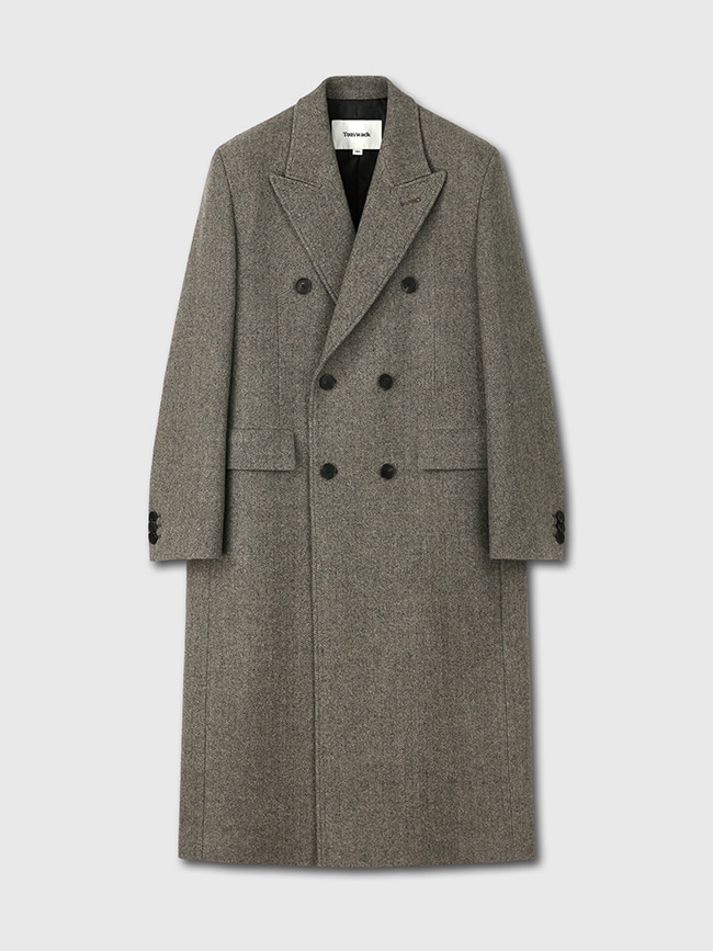 토니웩_ Merino Wool Herringbone Double-Breasted Tailored Coat [Beige / Charcoal]