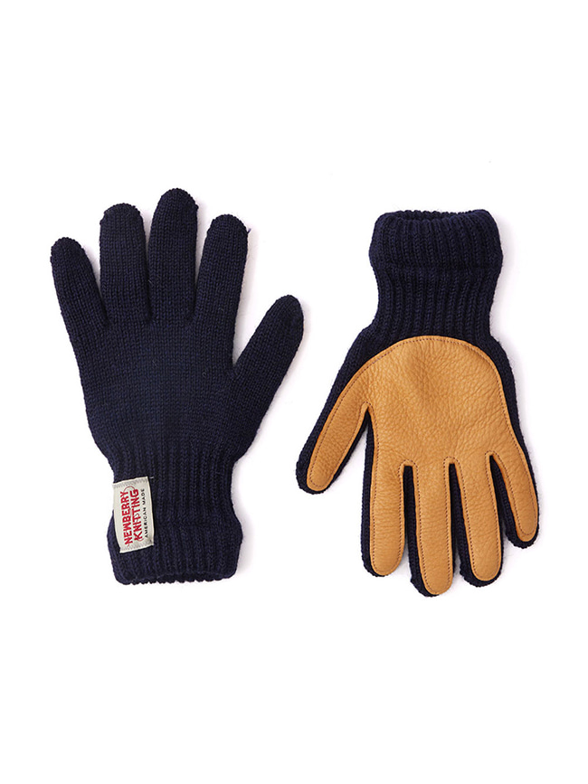 뉴베리니팅_ Deer Leather Wool Gloves [Navy/Tan]