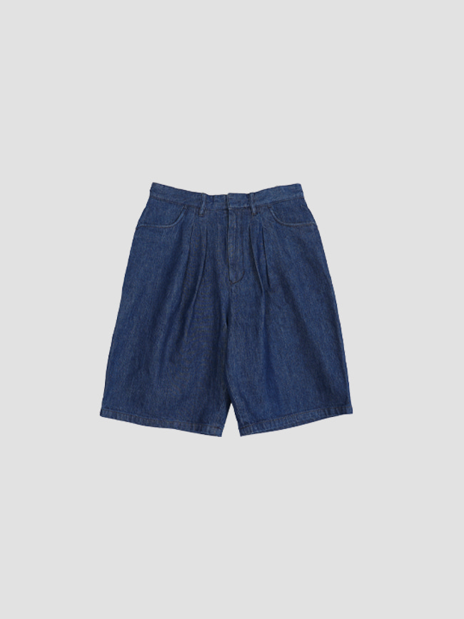 파라_ Two Tuck Wide Tapered Shorts [Blue]